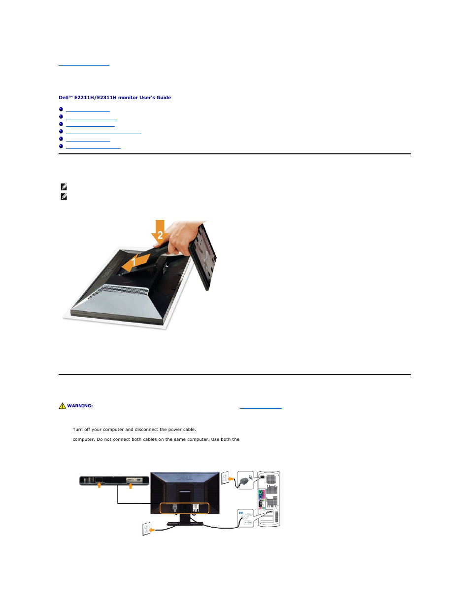 Setting up the monitor, Attaching the stand, Connecting your monitor | Dell E2311H Monitor User Manual | Page 27 / 33