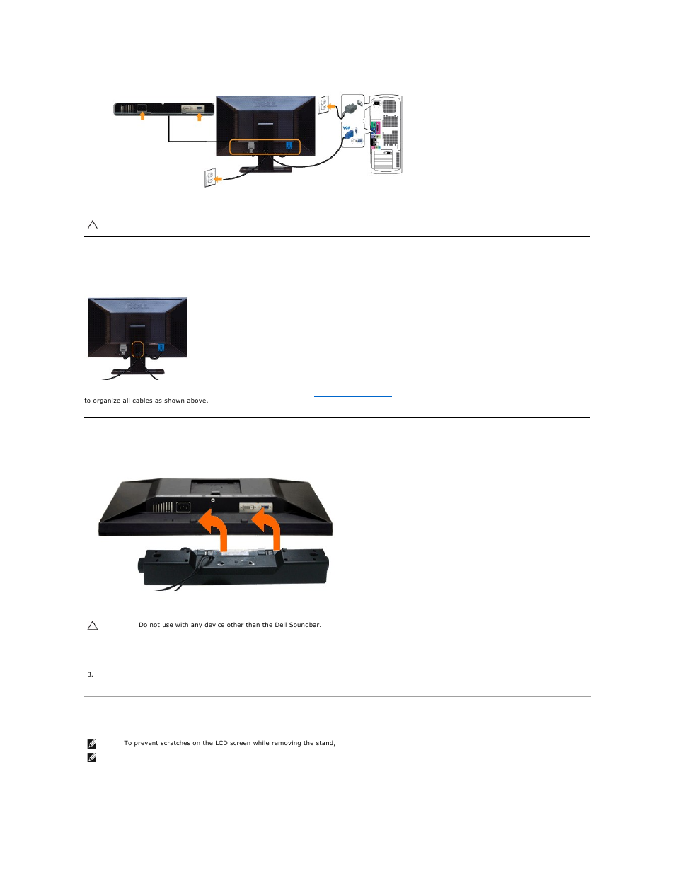 Organizing the cables, Attaching the soundbar (optional), Removing the stand | Dell E2311H Monitor User Manual | Page 28 / 33