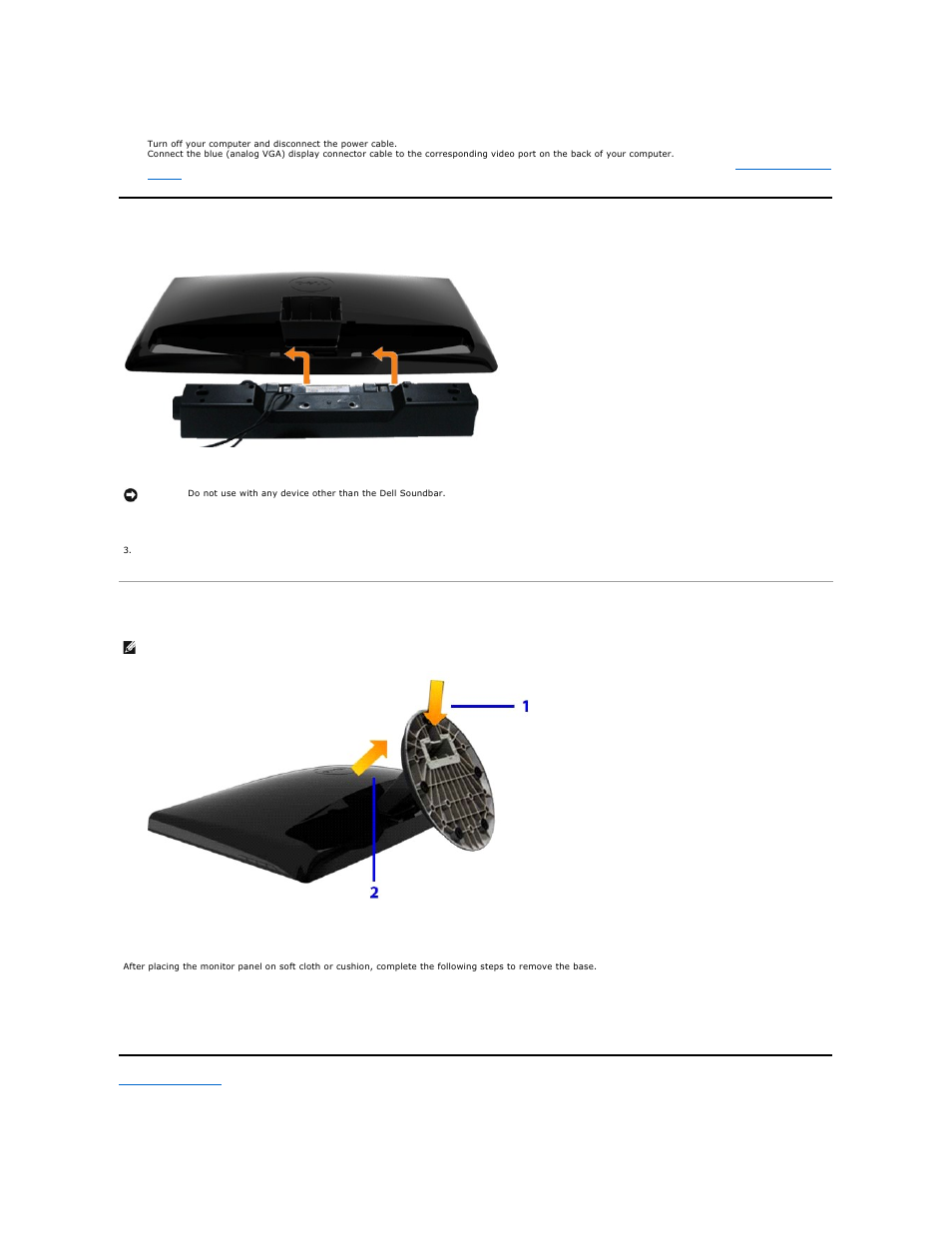 Attaching the soundbar (optional), Removing the stand, Attaching the soundbar | Removing the base | Dell ST2010B Flat Panel Monitor User Manual | Page 25 / 29