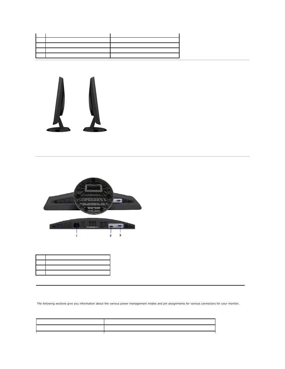 Monitor specifications, Side view, Bottom view | Flat panel specifications | Dell ST2010B Flat Panel Monitor User Manual | Page 4 / 29