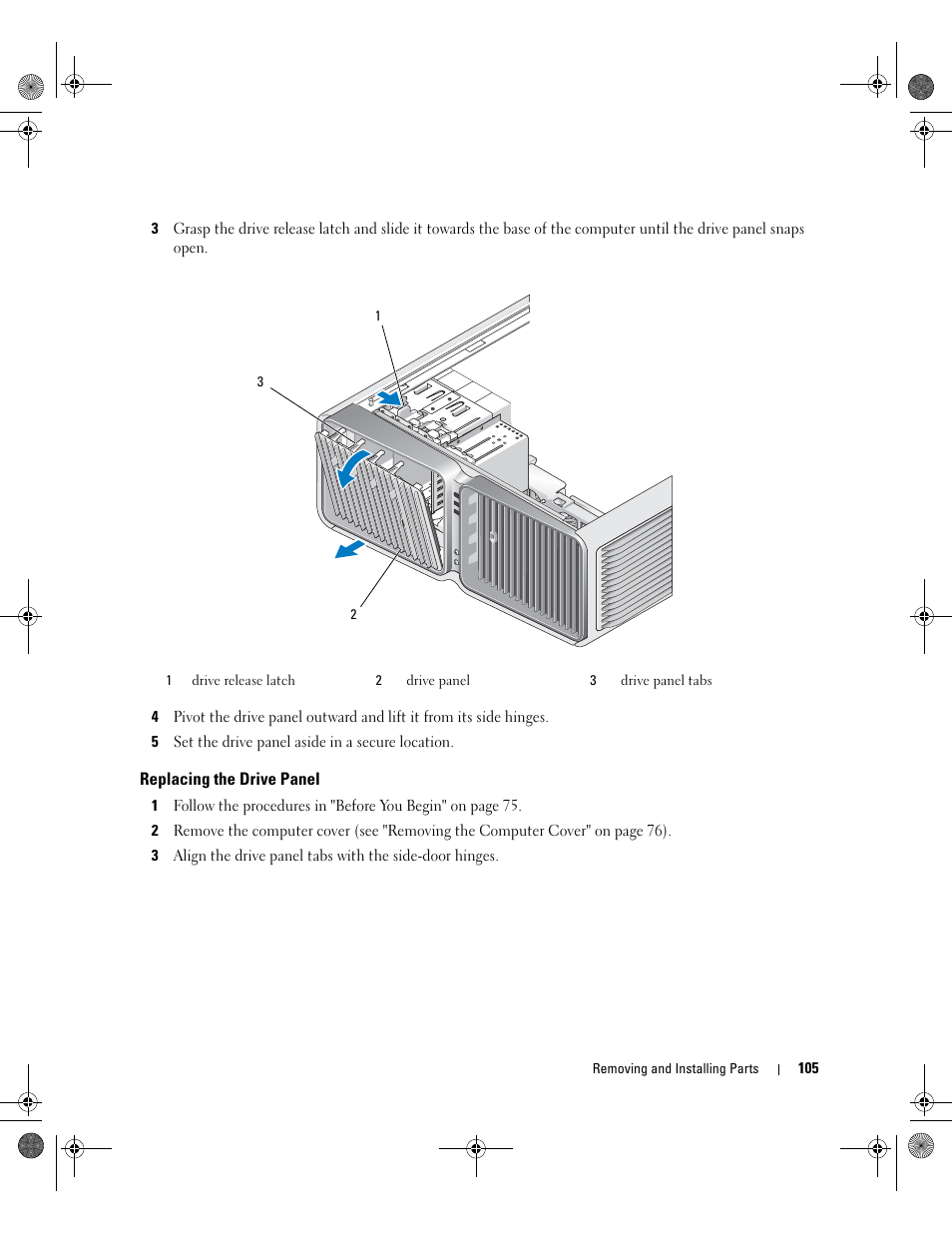 Replacing the drive panel | Dell XPS 700 Jet Black User Manual | Page 103 / 174