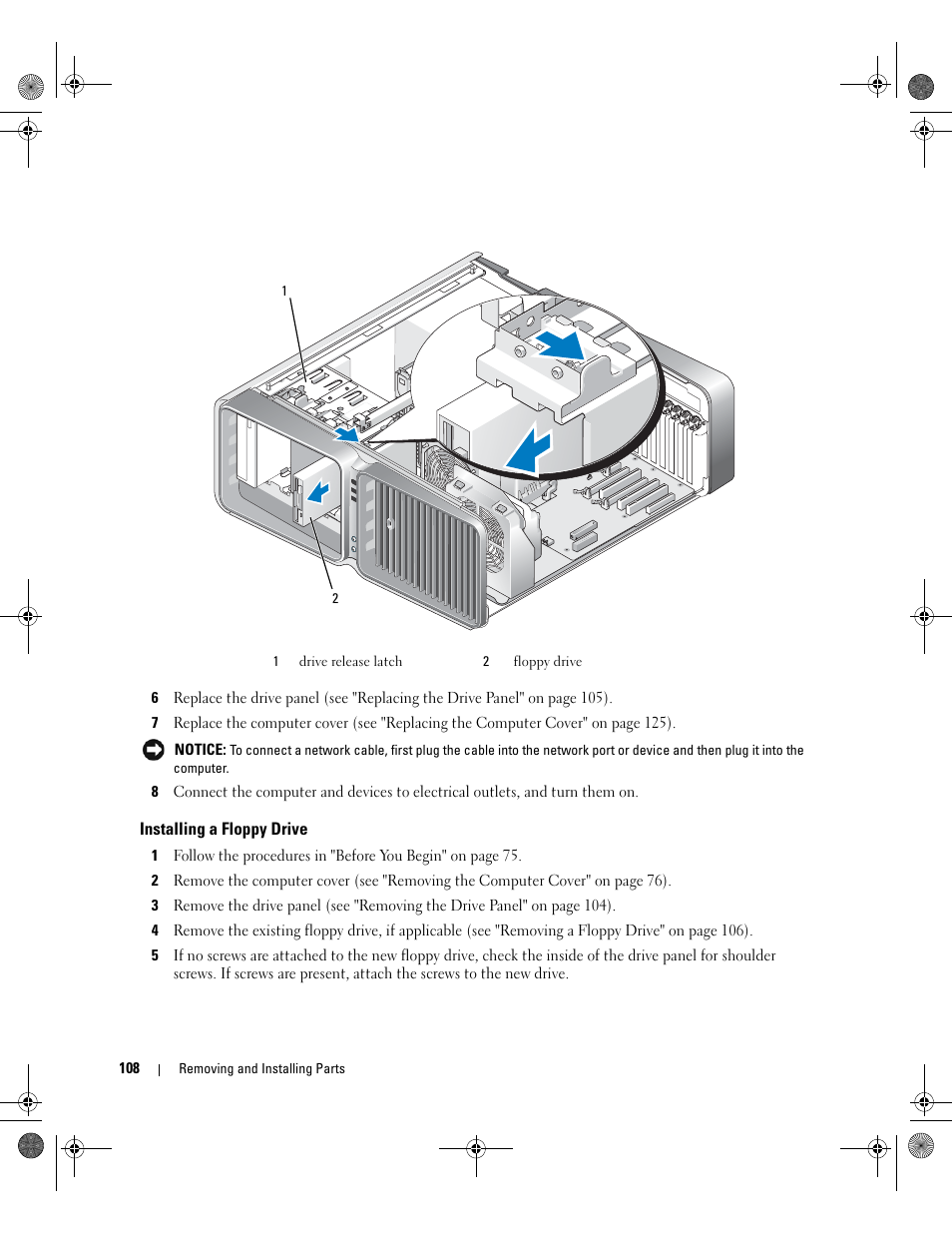 Installing a floppy drive | Dell XPS 700 Jet Black User Manual | Page 106 / 174