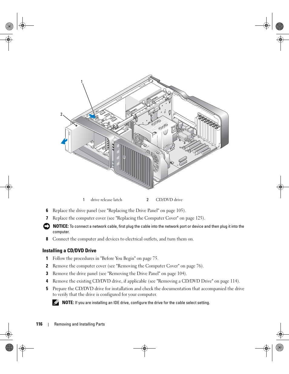 Installing a cd/dvd drive | Dell XPS 700 Jet Black User Manual | Page 114 / 174