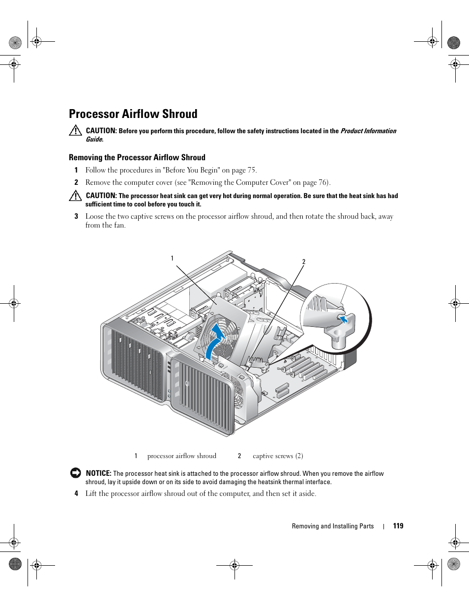 Processor airflow shroud, Removing the processor airflow shroud | Dell XPS 700 Jet Black User Manual | Page 117 / 174