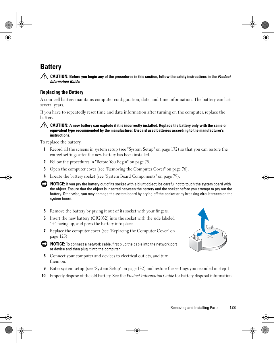 Battery, Replacing the battery | Dell XPS 700 Jet Black User Manual | Page 121 / 174