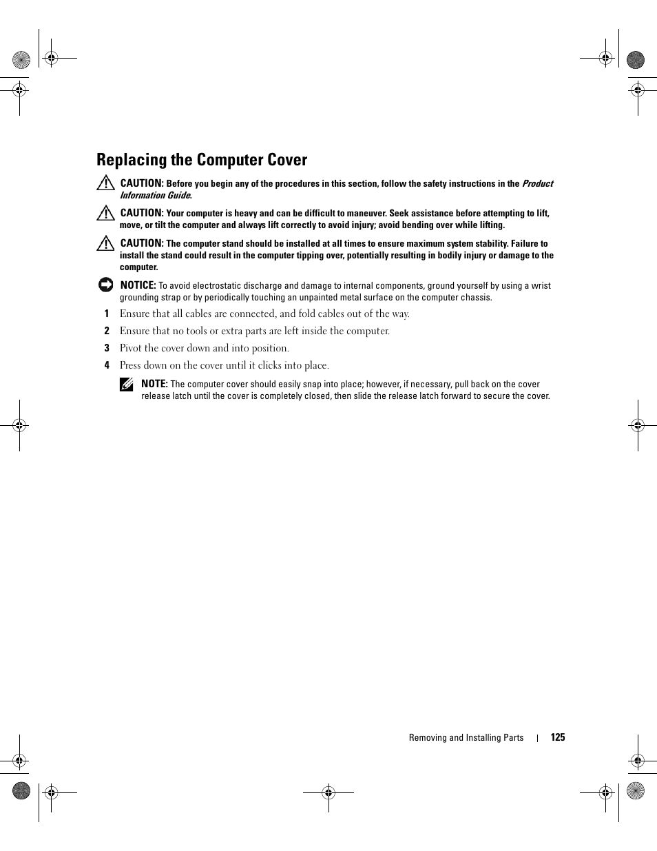 Replacing the computer cover | Dell XPS 700 Jet Black User Manual | Page 123 / 174