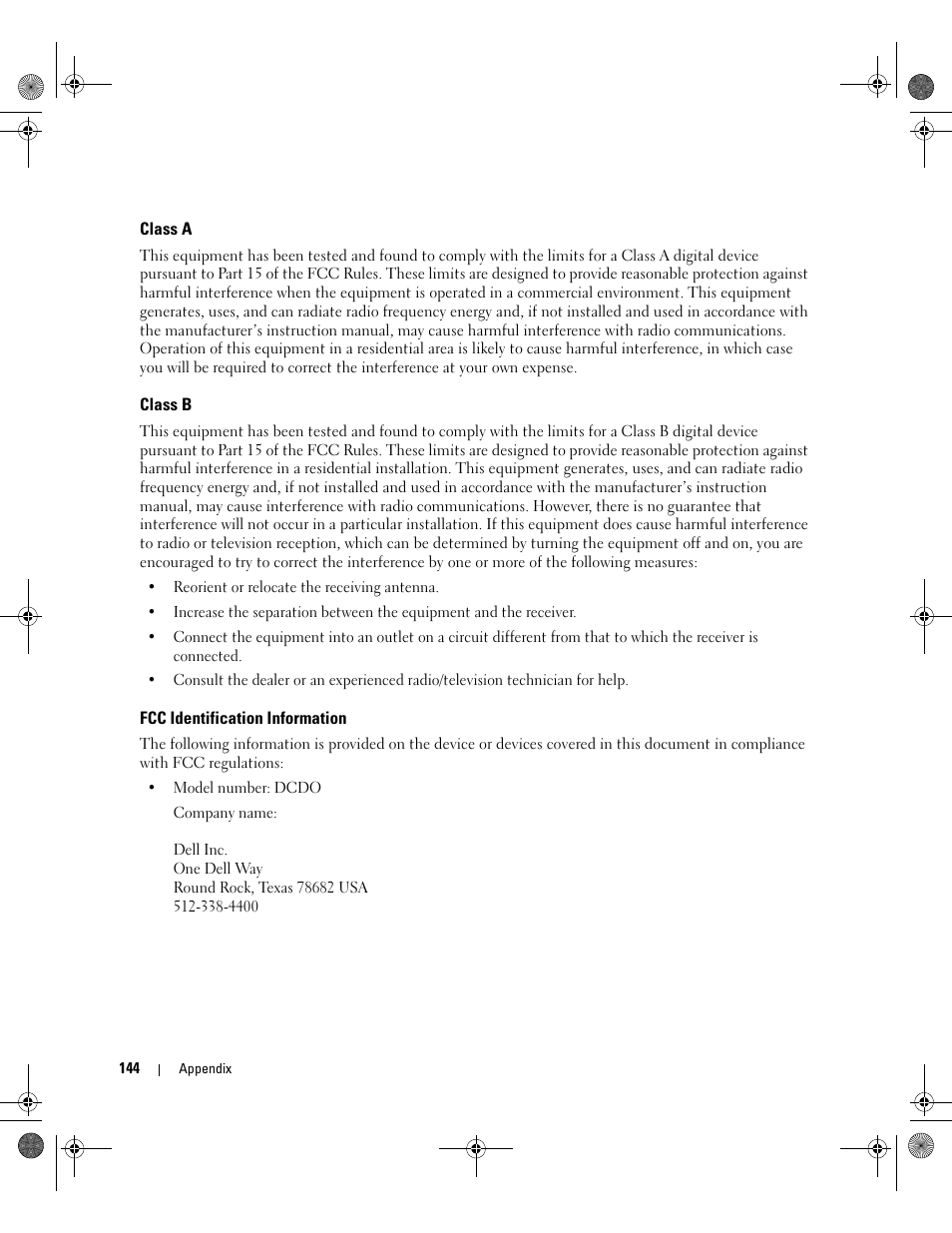 Class a, Class b, Fcc identification information | Dell XPS 700 Jet Black User Manual | Page 142 / 174