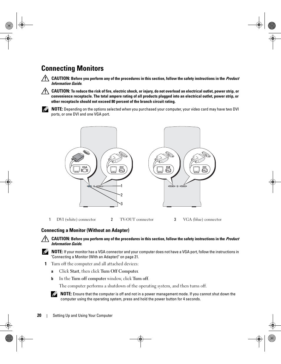 Connecting monitors, Connecting a monitor (without an adapter) | Dell XPS 700 Jet Black User Manual | Page 18 / 174