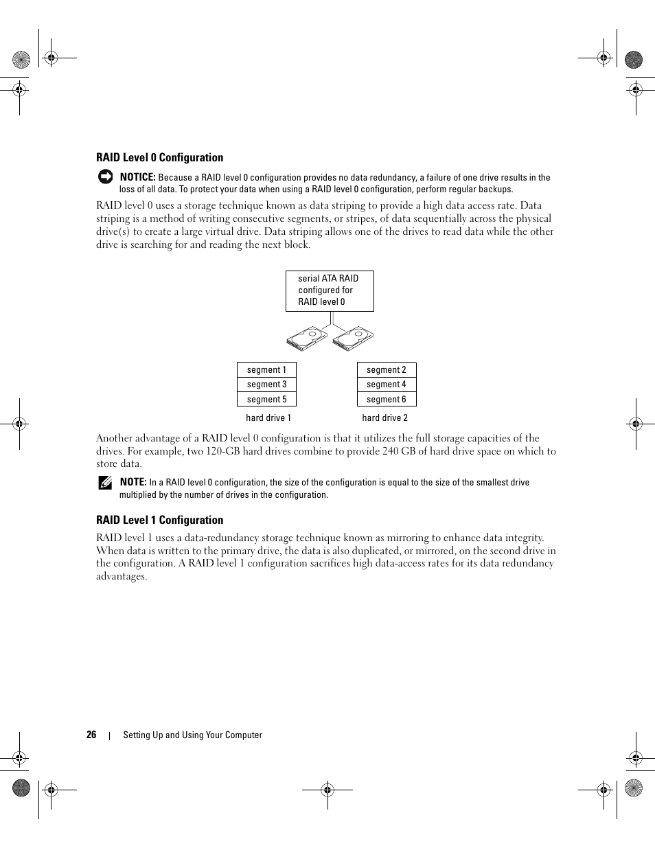 Raid level 0 configuration, Raid level 1 configuration | Dell XPS 700 Jet Black User Manual | Page 24 / 174