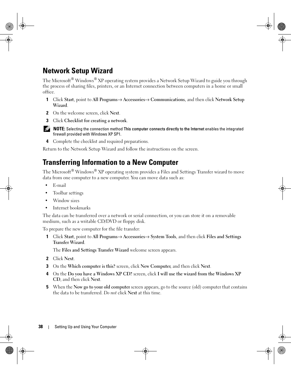 Network setup wizard, Transferring information to a new computer | Dell XPS 700 Jet Black User Manual | Page 36 / 174