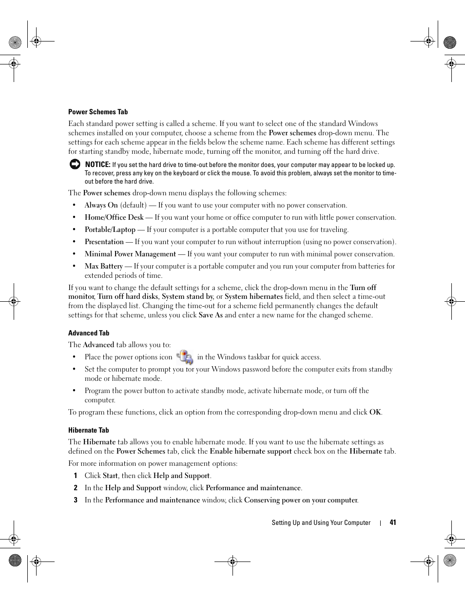 Power schemes tab, Tab, and hibernate, Define your power settings on the | Tab, and | Dell XPS 700 Jet Black User Manual | Page 39 / 174