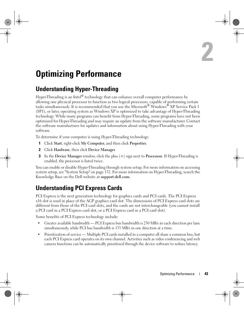 Optimizing performance, Understanding hyper-threading, Understanding pci express cards | Dell XPS 700 Jet Black User Manual | Page 41 / 174