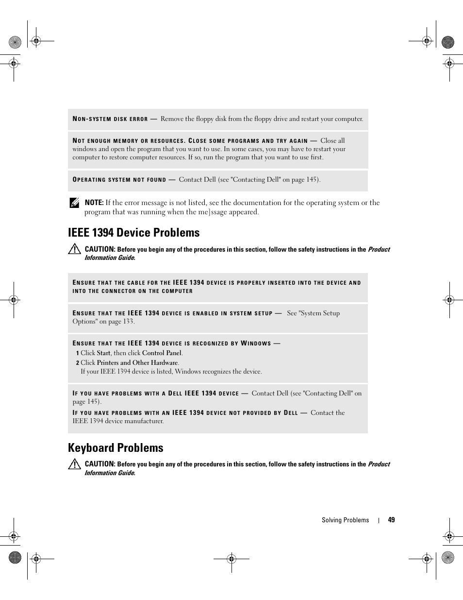 Ieee 1394 device problems, Keyboard problems, Ndows | Dell XPS 700 Jet Black User Manual | Page 47 / 174