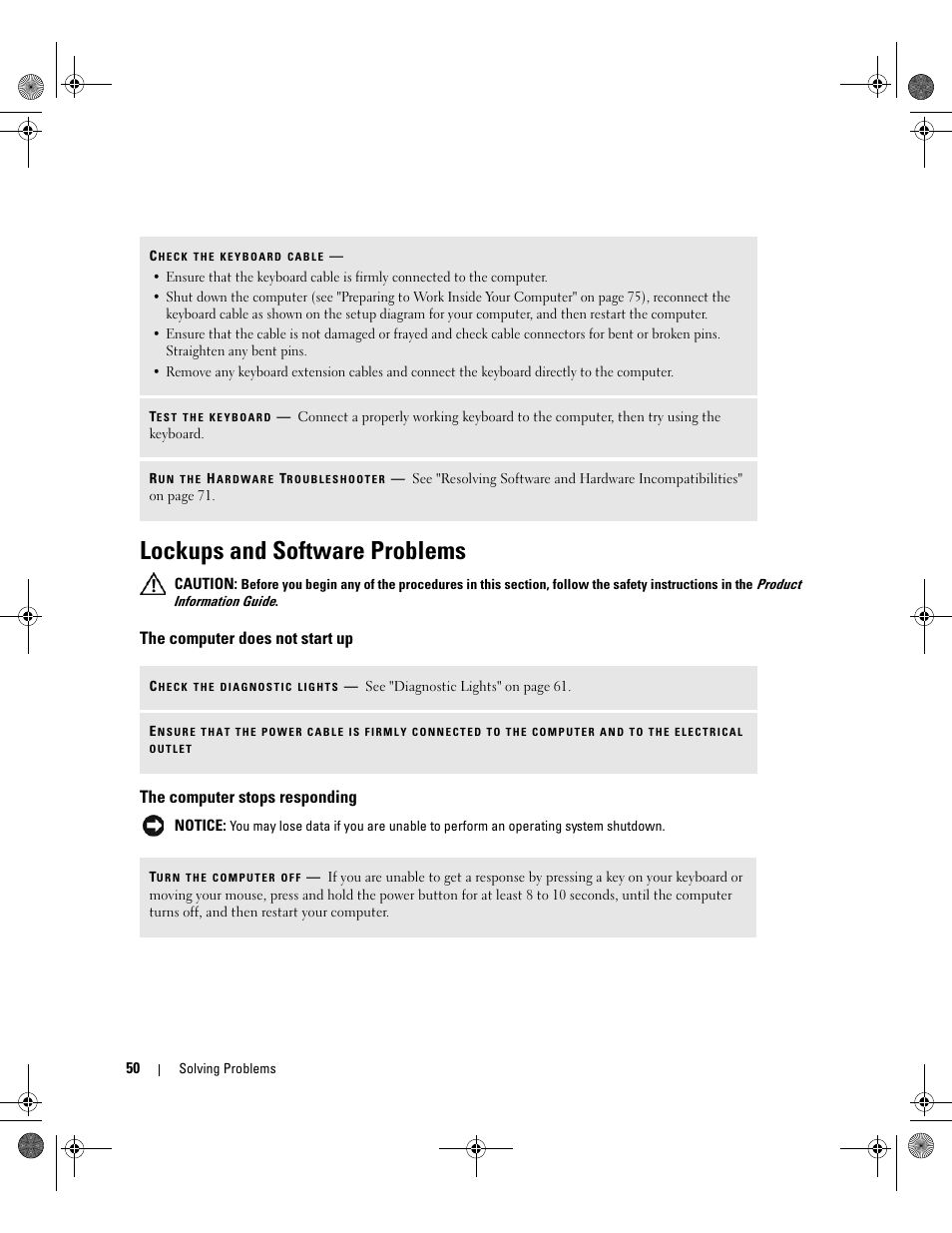 Lockups and software problems, The computer does not start up, The computer stops responding | Nsure, That | Dell XPS 700 Jet Black User Manual | Page 48 / 174