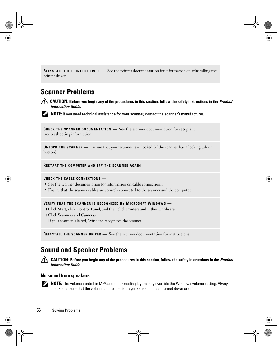 Scanner problems, Sound and speaker problems, No sound from speakers | Dell XPS 700 Jet Black User Manual | Page 54 / 174