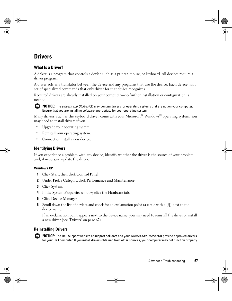 Drivers, What is a driver, Identifying drivers | Reinstalling drivers | Dell XPS 700 Jet Black User Manual | Page 65 / 174