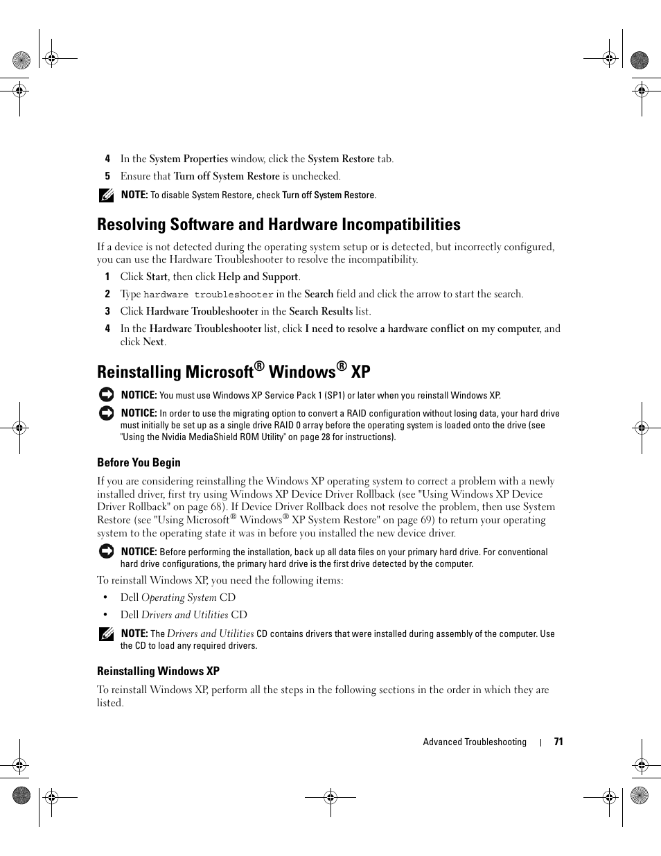 Resolving software and hardware incompatibilities, Reinstalling microsoft® windows® xp, Before you begin | Reinstalling windows xp, Reinstalling microsoft, Cd (see "reinstalling microsoft, Windows | Dell XPS 700 Jet Black User Manual | Page 69 / 174