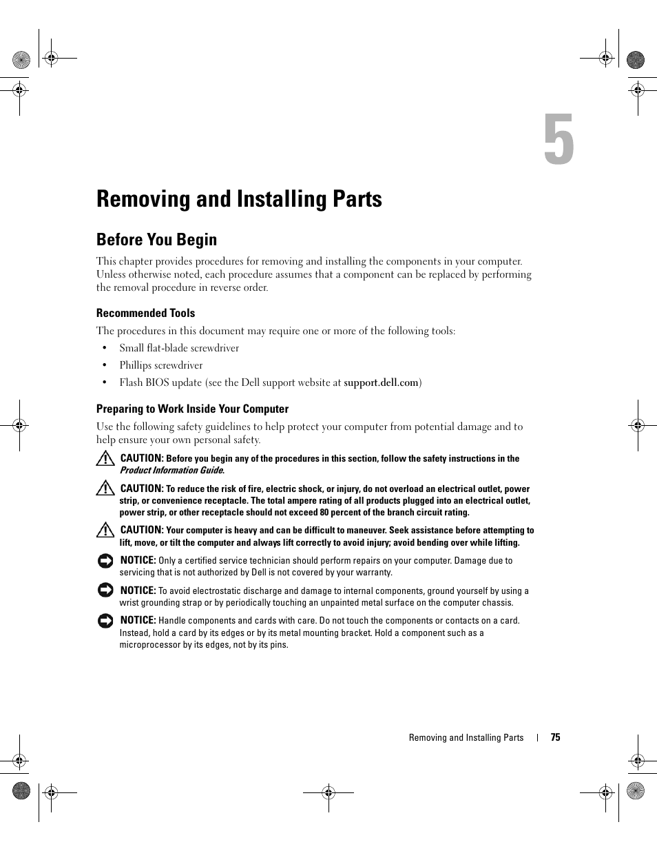 Removing and installing parts, Before you begin, Recommended tools | Preparing to work inside your computer | Dell XPS 700 Jet Black User Manual | Page 73 / 174
