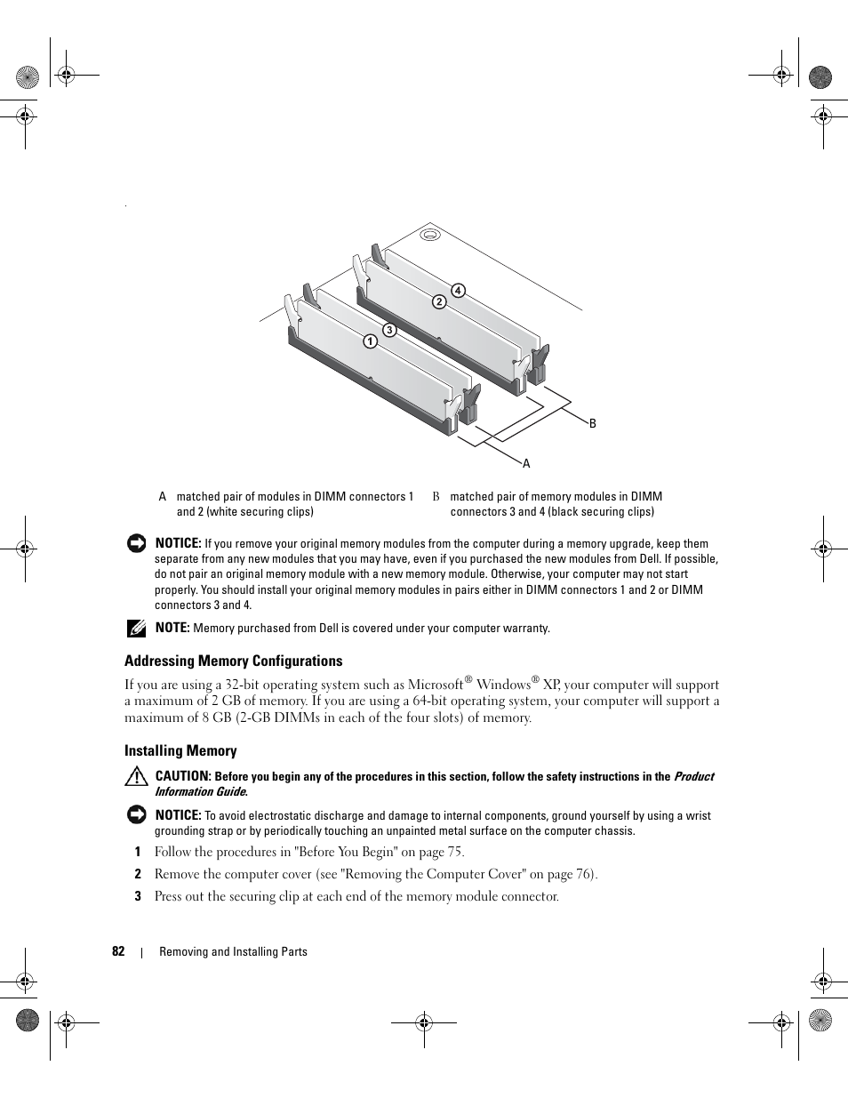 Addressing memory configurations, Installing memory | Dell XPS 700 Jet Black User Manual | Page 80 / 174