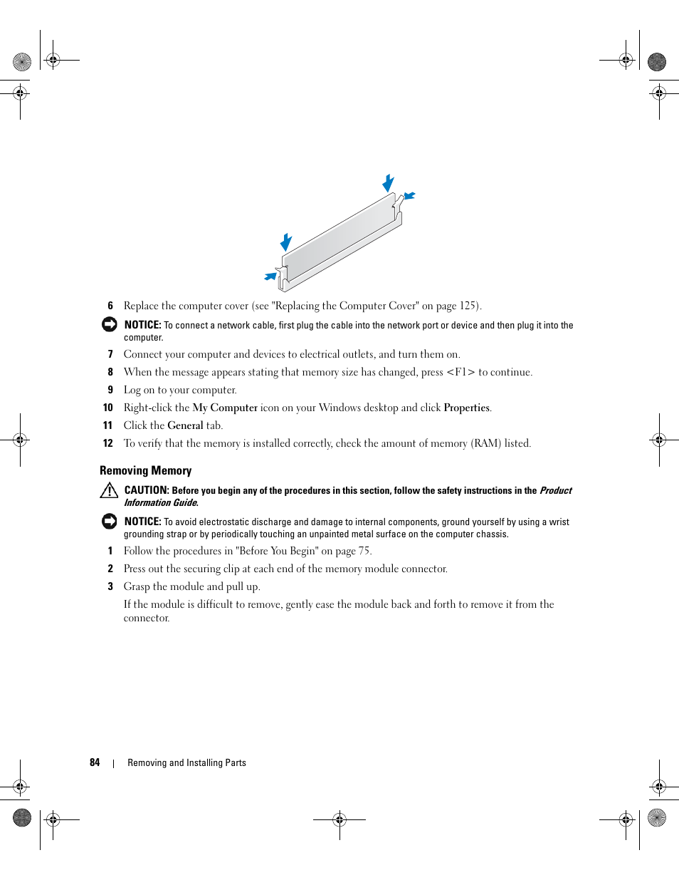 Removing memory | Dell XPS 700 Jet Black User Manual | Page 82 / 174