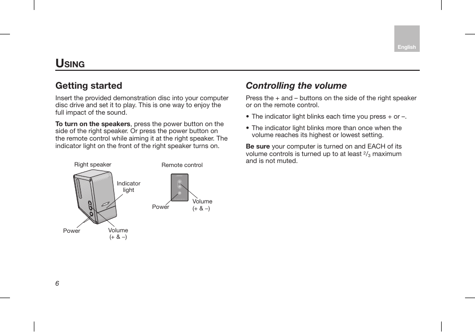 Getting started, Controlling the volume, Sing | Bose Desktop Speaker User Manual | Page 10 / 44