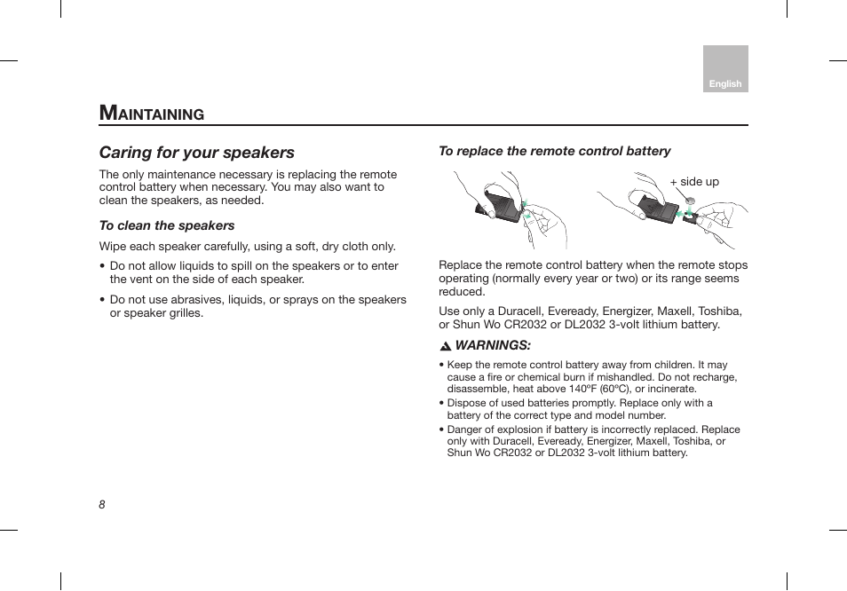 Caring for your speakers, Aintaining, Warnings | Side up | Bose Desktop Speaker User Manual | Page 12 / 44