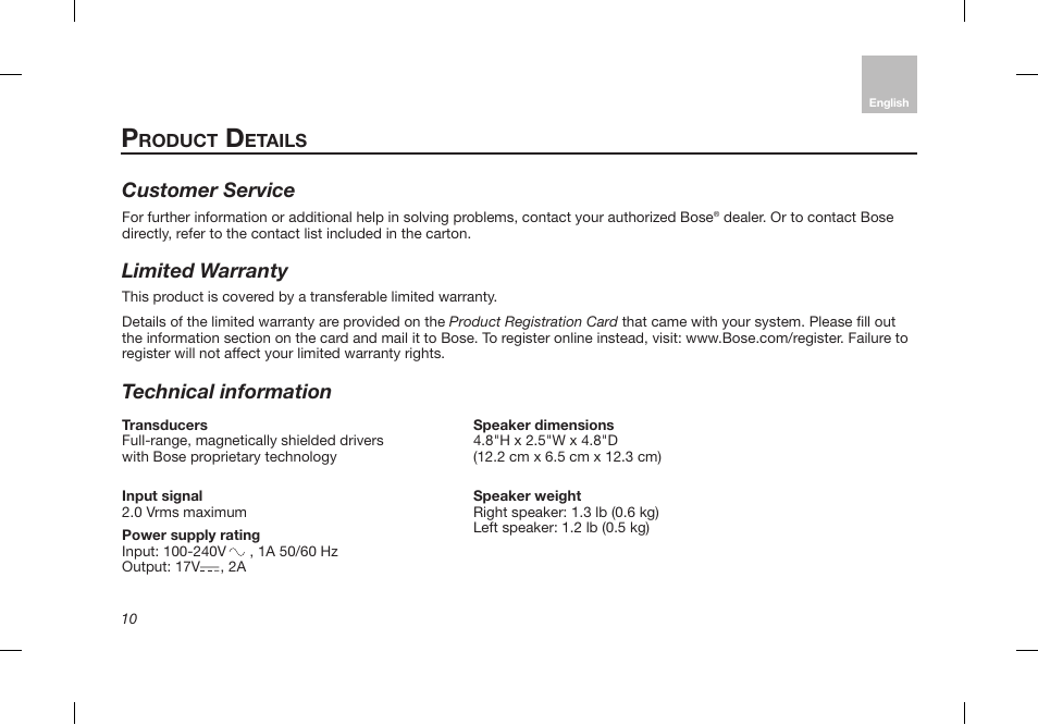 Customer service, Limited warranty, Technical information | Bose Desktop Speaker User Manual | Page 14 / 44