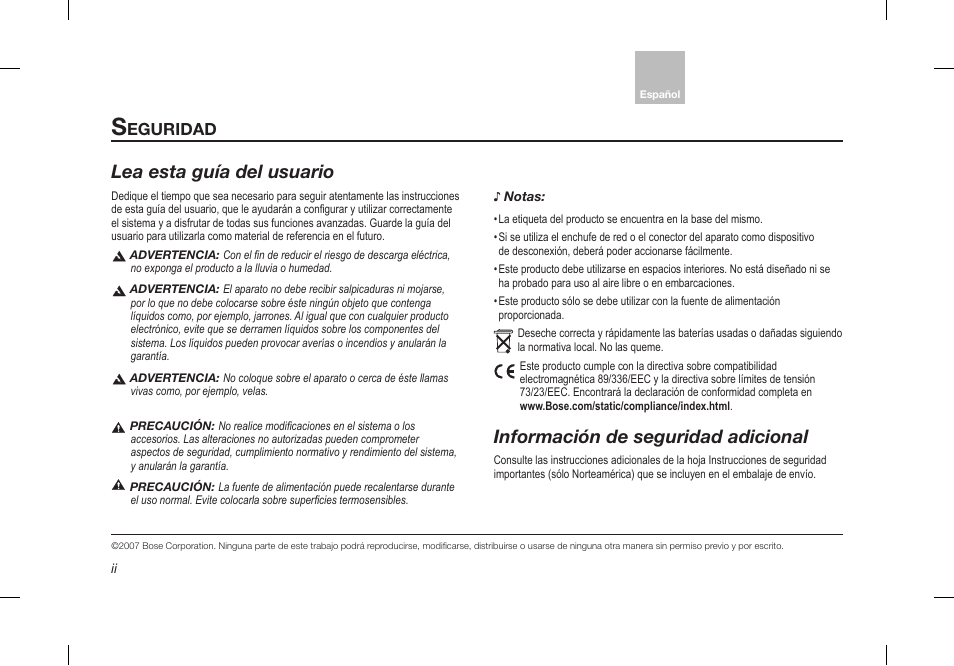 Lea esta guía del usuario, Información de seguridad adicional, Eguridad | Bose Desktop Speaker User Manual | Page 16 / 44