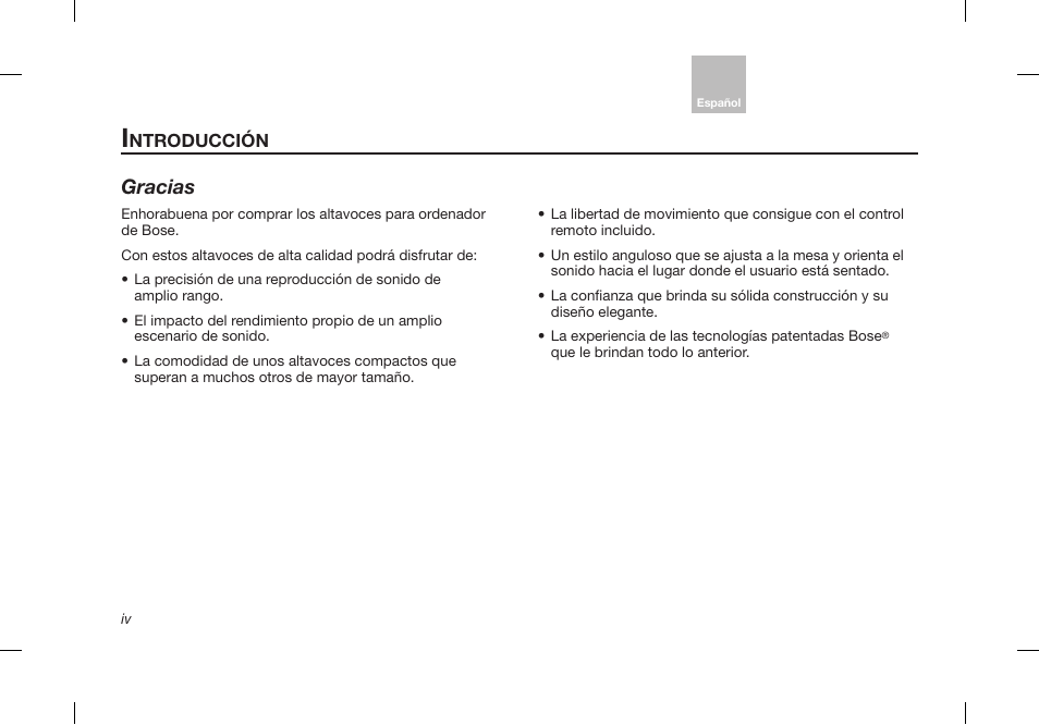 Gracias, Ntroducción | Bose Desktop Speaker User Manual | Page 18 / 44