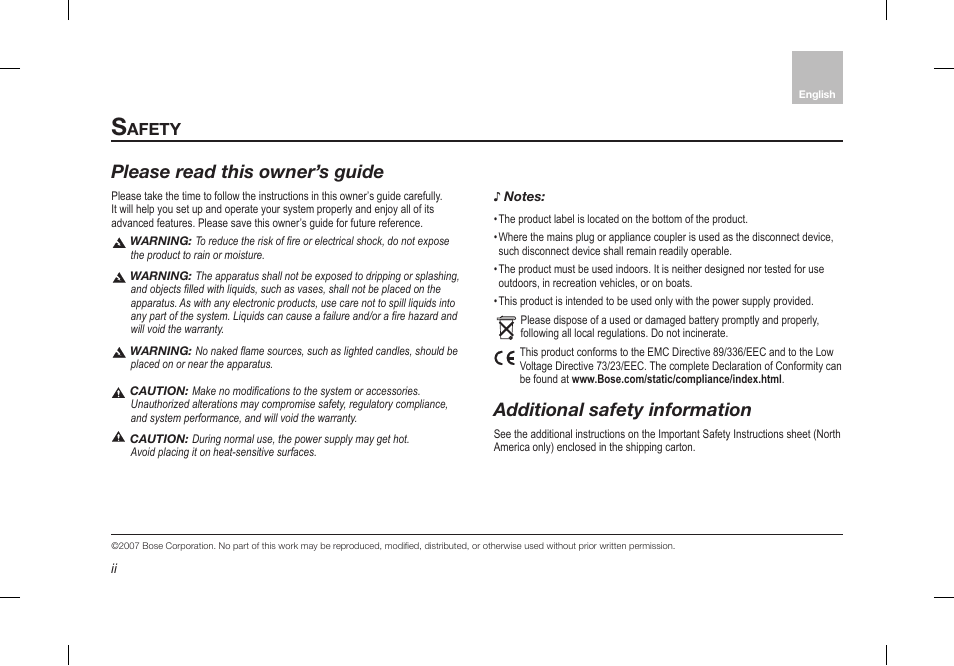 Please read this owner’s guide, Additional safety information, Afety | Bose Desktop Speaker User Manual | Page 2 / 44