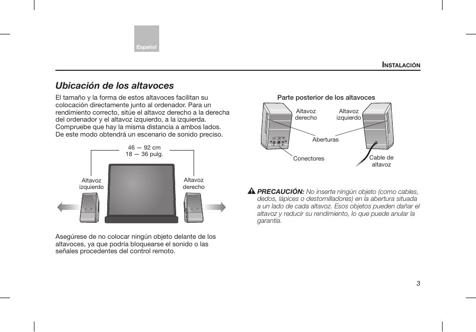 Ubicación de los altavoces | Bose Desktop Speaker User Manual | Page 21 / 44