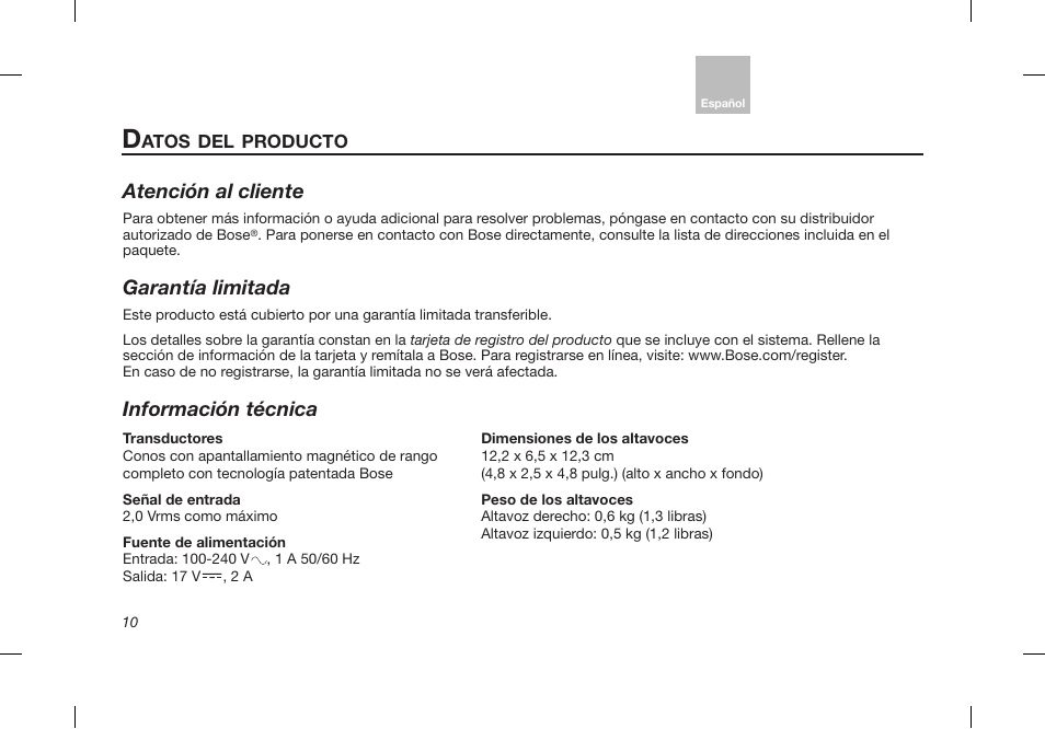 Atención al cliente, Garantía limitada, Información técnica | Bose Desktop Speaker User Manual | Page 28 / 44