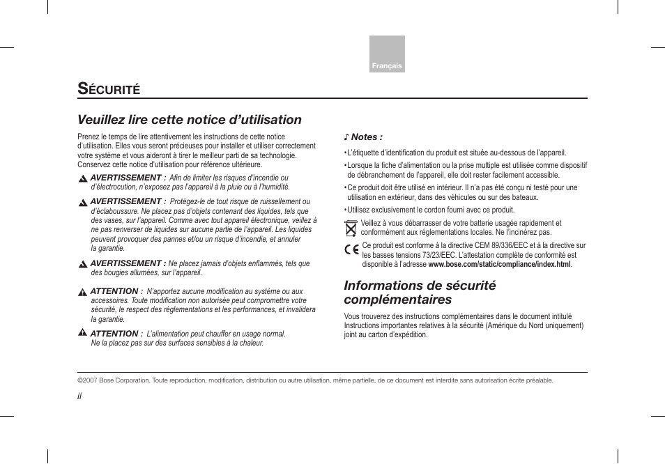 Veuillez lire cette notice d’utilisation, Informations de sécurité complémentaires, Écurité | Bose Desktop Speaker User Manual | Page 30 / 44