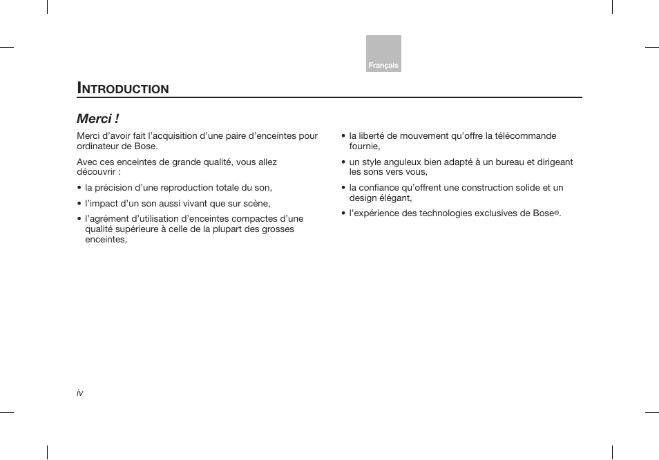 Merci, Ntroduction | Bose Desktop Speaker User Manual | Page 32 / 44