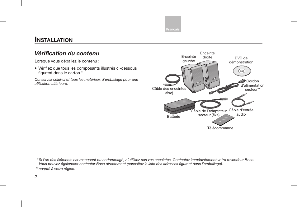 Vérification du contenu, Nstallation | Bose Desktop Speaker User Manual | Page 34 / 44
