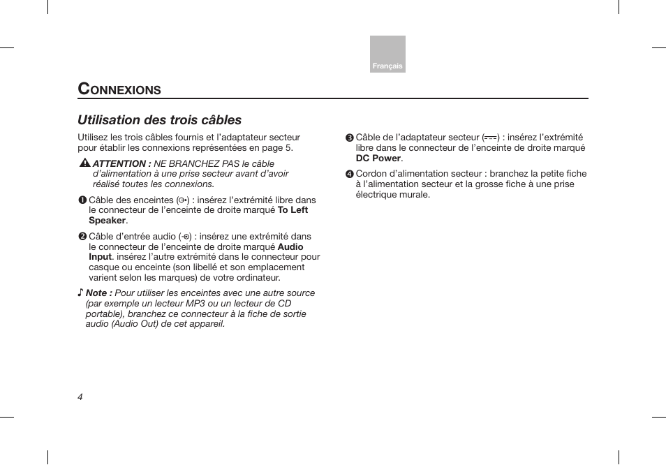 Utilisation des trois câbles | Bose Desktop Speaker User Manual | Page 36 / 44