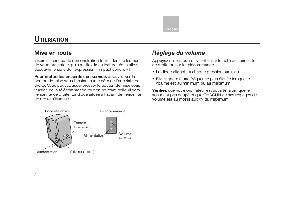 Mise en route, Réglage du volume, Tilisation | Bose Desktop Speaker User Manual | Page 38 / 44