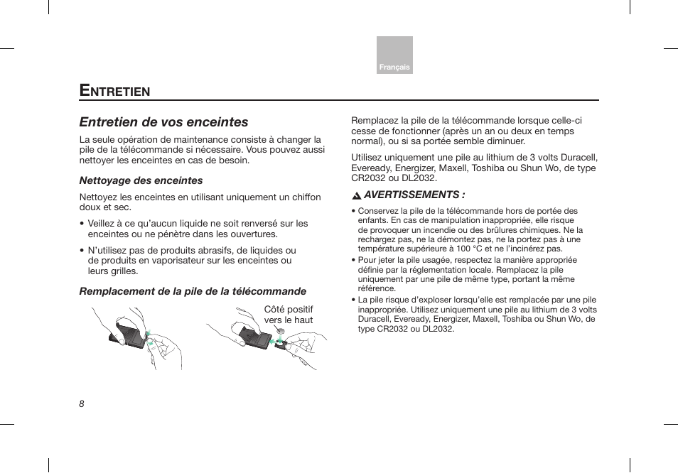 Entretien de vos enceintes, Ntretien, Nettoyage des enceintes | Remplacement de la pile de la télécommande, Avertissements | Bose Desktop Speaker User Manual | Page 40 / 44