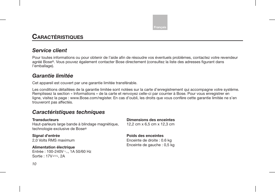 Service client, Garantie limitée, Caractéristiques techniques | Bose Desktop Speaker User Manual | Page 42 / 44