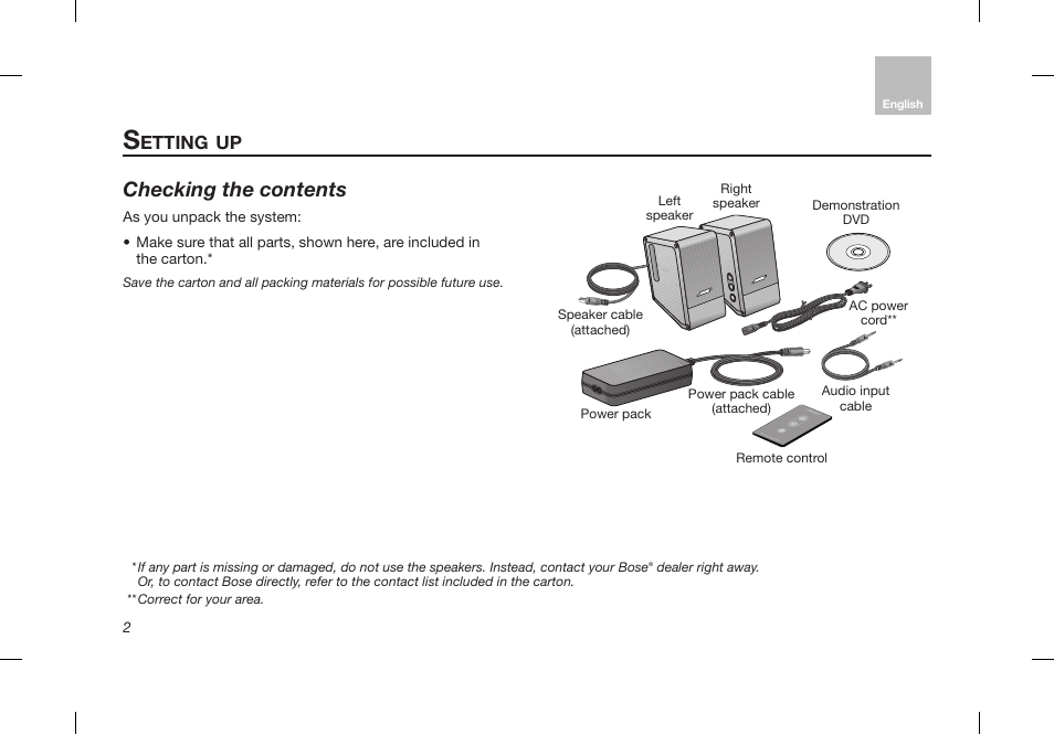 Checking the contents, Etting | Bose Desktop Speaker User Manual | Page 6 / 44