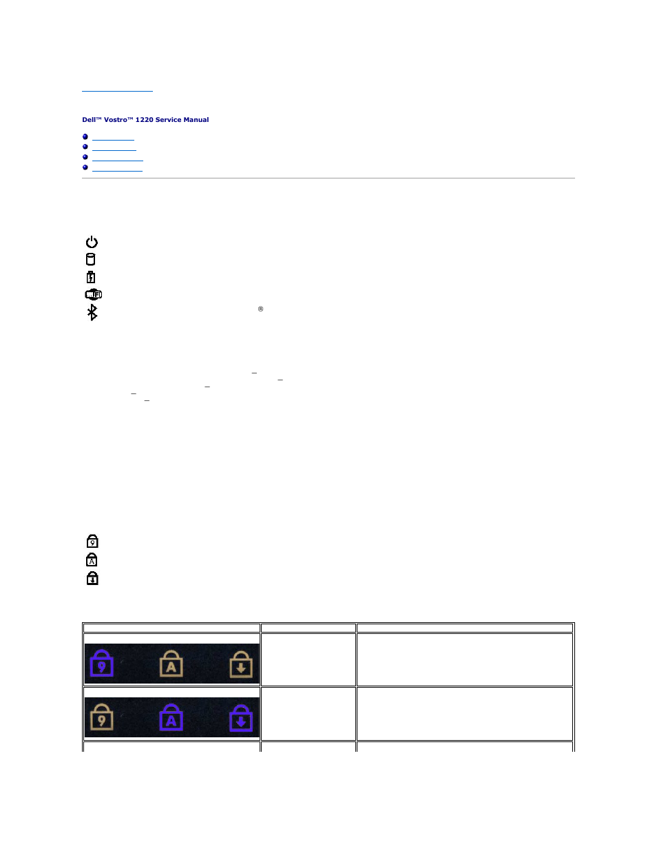 Diagnostics, Device status leds, Keyboard status leds | Led error codes, Battery status | Dell Vostro 1220 (Mid 2009) User Manual | Page 3 / 46