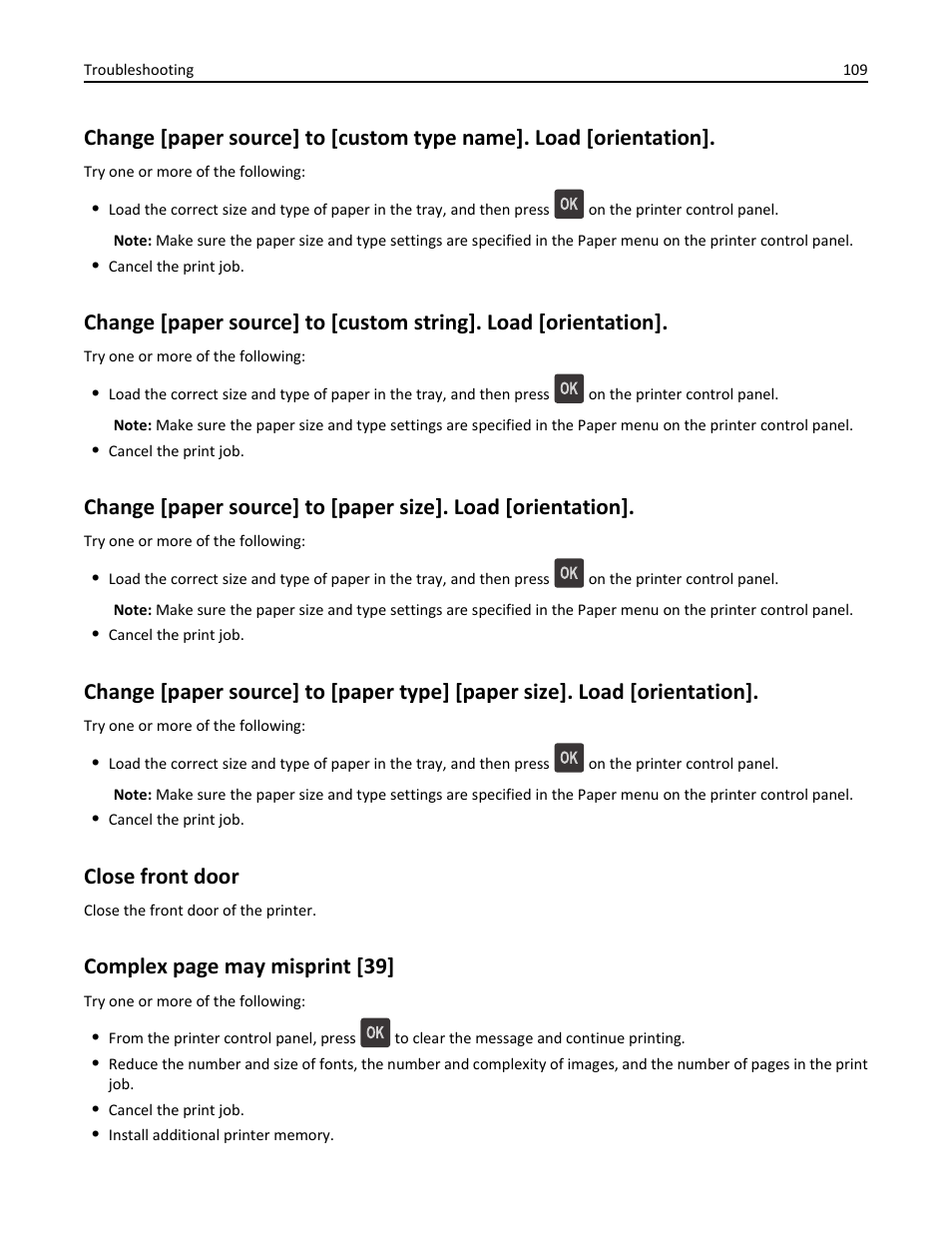 Close front door, Complex page may misprint [39 | Dell B2360dn Mono Laser Printer User Manual | Page 109 / 153