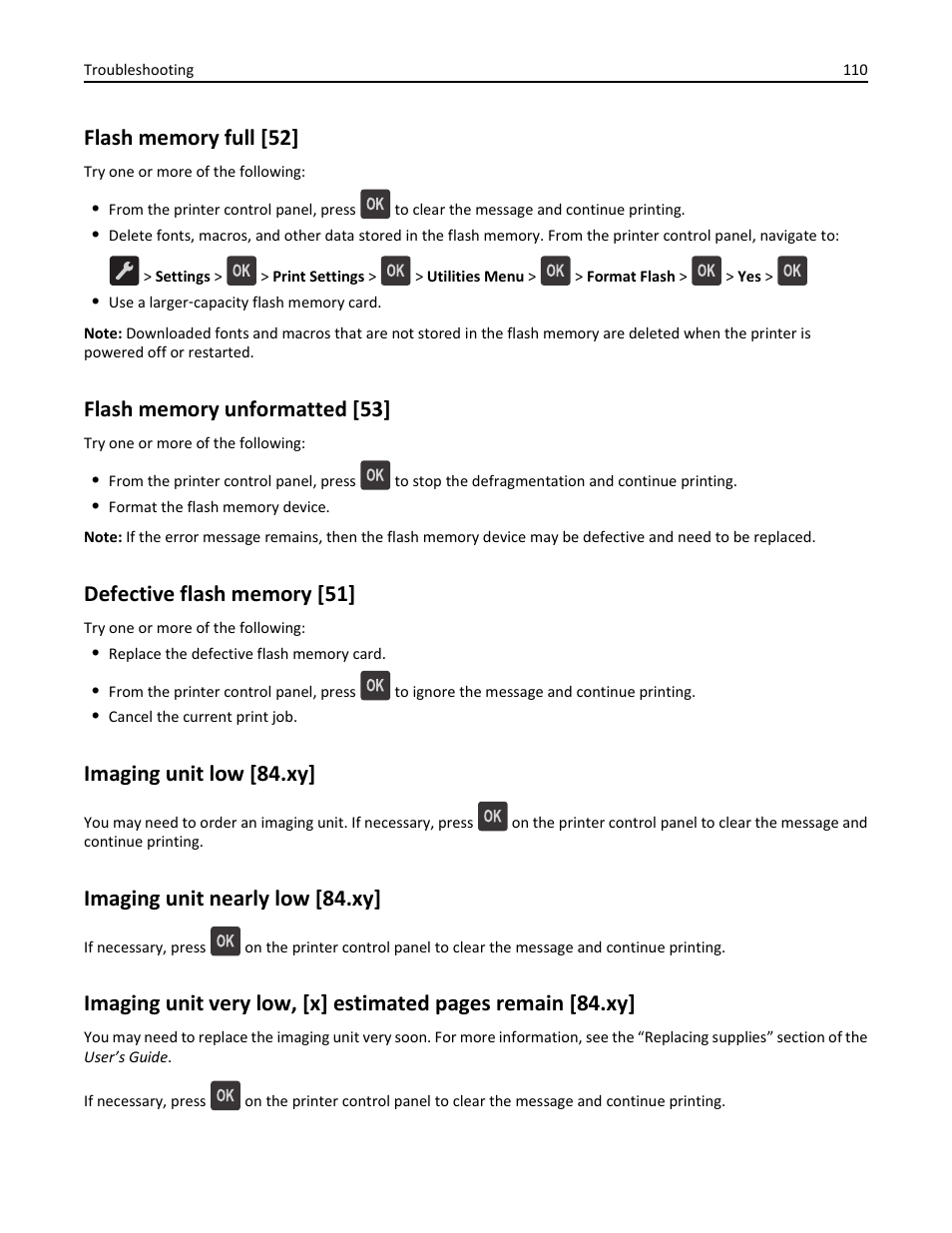 Flash memory full [52, Flash memory unformatted [53, Defective flash memory [51 | Imaging unit low [84.xy, Imaging unit nearly low [84.xy | Dell B2360dn Mono Laser Printer User Manual | Page 110 / 153