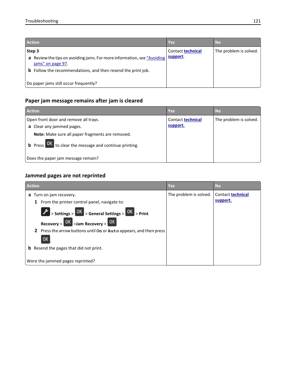 Paper jam message remains after jam is cleared, Jammed pages are not reprinted | Dell B2360dn Mono Laser Printer User Manual | Page 121 / 153