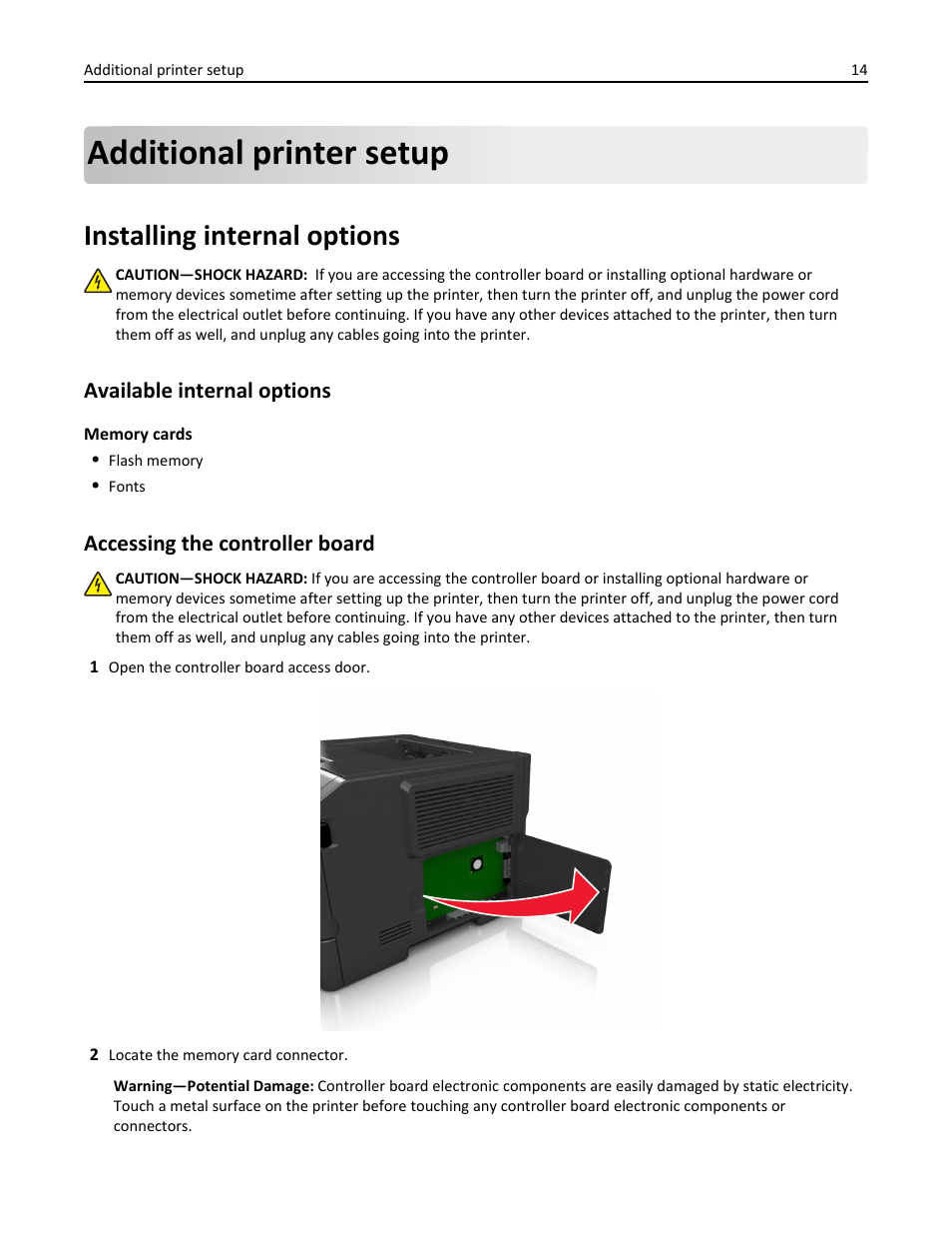 Additional printer setup, Installing internal options, Available internal options | Accessing the controller board | Dell B2360dn Mono Laser Printer User Manual | Page 14 / 153