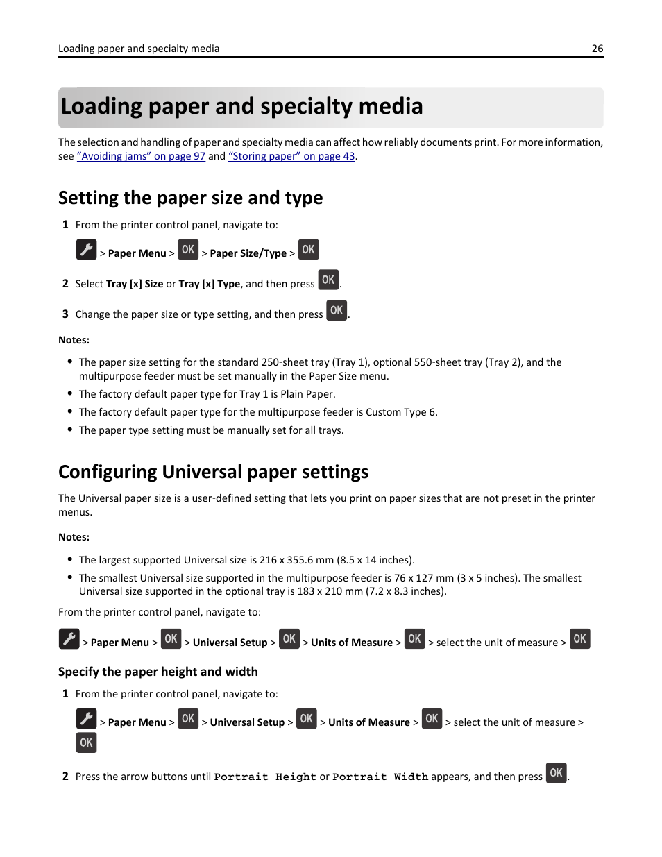 Loading paper and specialty media, Setting the paper size and type, Configuring universal paper settings | Dell B2360dn Mono Laser Printer User Manual | Page 26 / 153