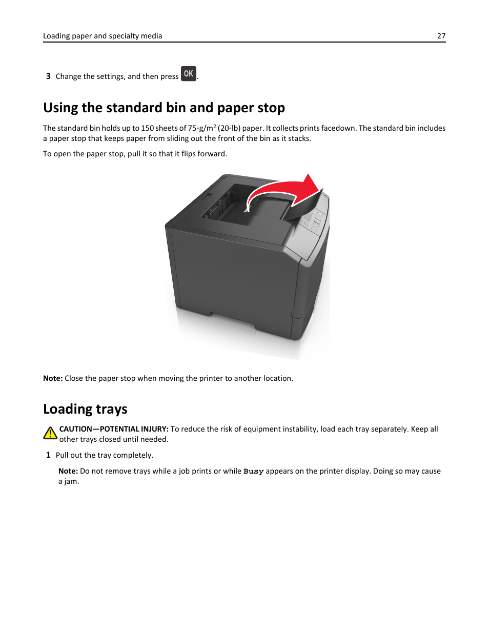 Using the standard bin and paper stop, Loading trays | Dell B2360dn Mono Laser Printer User Manual | Page 27 / 153