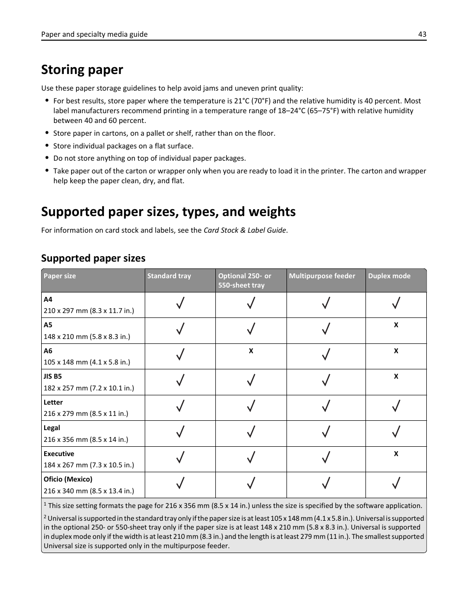 Storing paper, Supported paper sizes, types, and weights, Supported paper sizes | Dell B2360dn Mono Laser Printer User Manual | Page 43 / 153