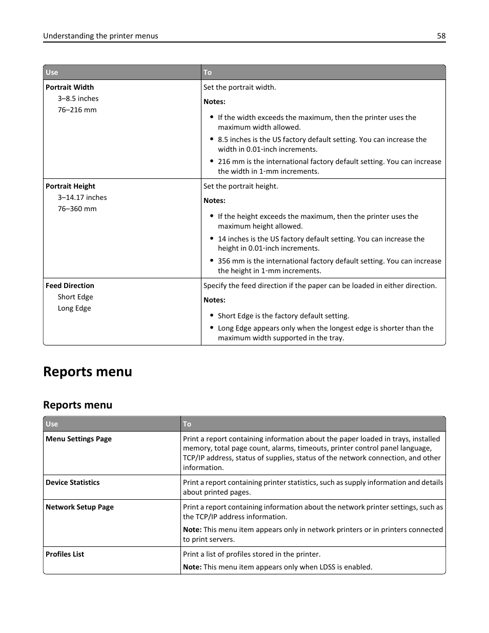 Reports menu | Dell B2360dn Mono Laser Printer User Manual | Page 58 / 153