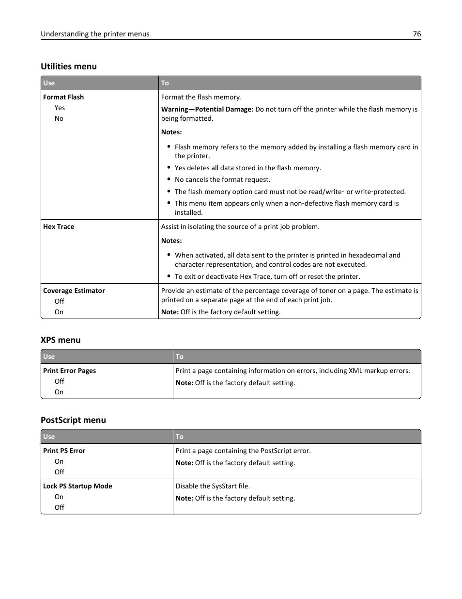 Utilities menu, Xps menu, Postscript menu | Dell B2360dn Mono Laser Printer User Manual | Page 76 / 153